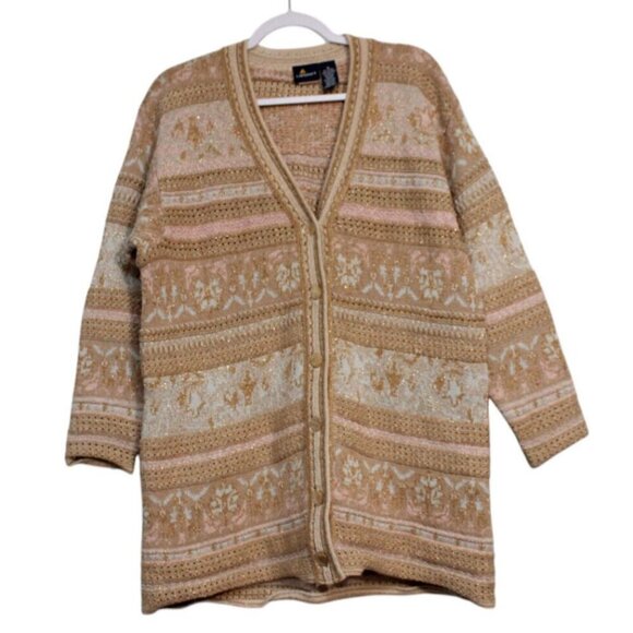 Vintage Cardigan Sweater Oversized Medium Cotton Gold Metallic Holiday Retro 90s - Picture 1 of 12